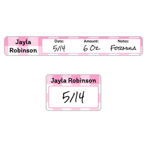 baby bottle cap and ring write-on labels gingham pink