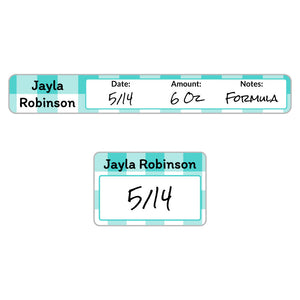 baby bottle cap and ring write-on labels gingham teal