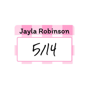 baby bottle cap write-on labels gingham pink