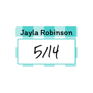 baby bottle cap write-on labels gingham teal