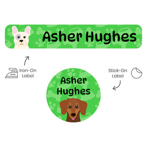 camp clothing labels pack dogs green