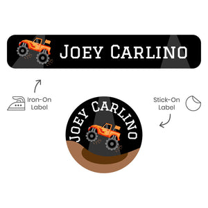 camp clothing labels pack monster truck orange