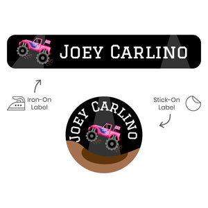 camp clothing labels pack monster truck pink