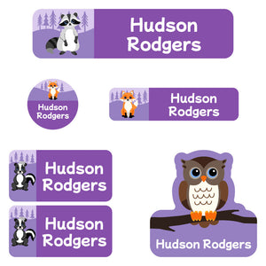 daycare labels pack forest animals purple