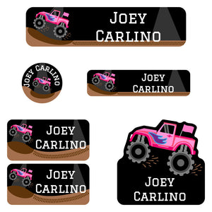 daycare labels pack monster truck pink