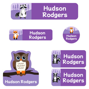 kindergarten labels pack forest animals purple