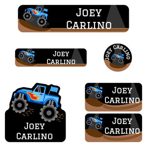 kindergarten labels pack monster truck blue