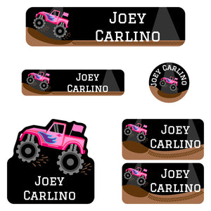 kindergarten labels pack monster truck pink