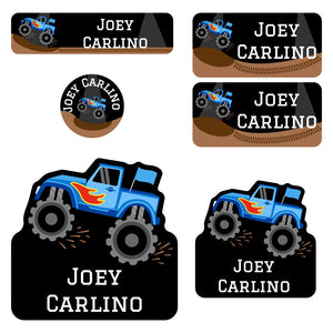 preschool labels pack monster truck blue