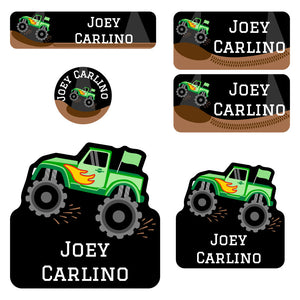 preschool labels pack monster truck green