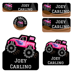 preschool labels pack monster truck pink