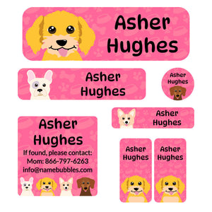 school labels pack dogs pink