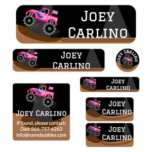 school labels pack monster truck pink