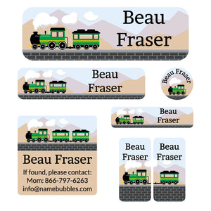 school labels pack train green