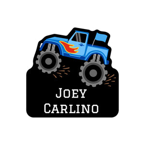 custom shape name labels monster truck blue