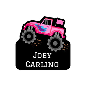 custom shape name labels monster truck pink