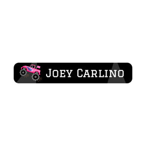 slim rectangle iron-on clothing labels monster truck pink