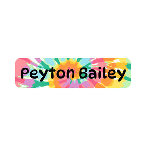 small rectangle name labels tie-dye art rainbow